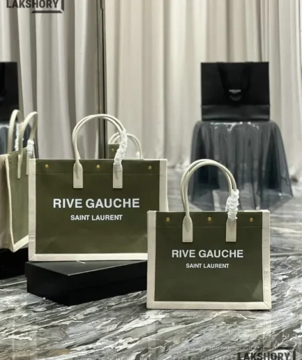 YSL 1:1 Mirror Replica Linen Rive Gauche Tote Bag Dark Green Replica Tote Bags