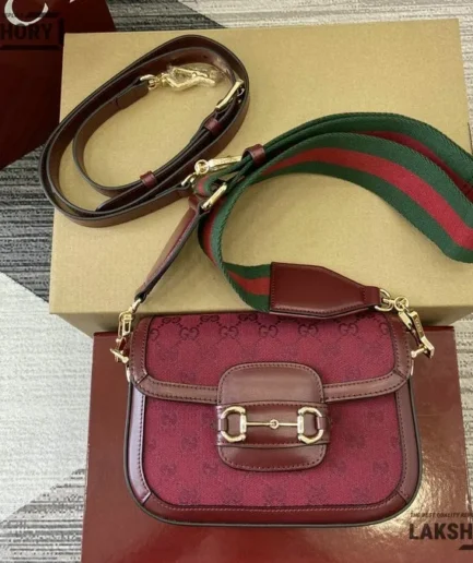 Gucci 1:1 Mirror Replica Horsebit 1955 Small GG Canvas Burgundy 20.5CM/8.1IN Gucci Replica Horsebit Bags