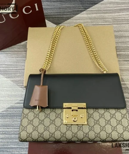 Gucci 1:1 Mirror Replica GG Supreme Medium Padlock Black Beige 30CM/11.8IN Gucci Replica Padlock Bags