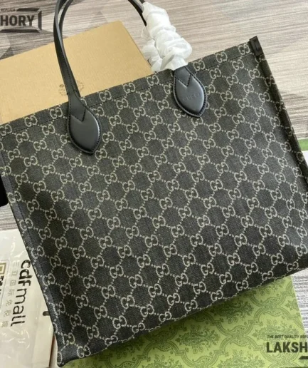 Gucci 1:1 Mirror Replica Ophidia Medium Tote Black Ggdenim Leather Gucci Replica Ophidia Bags