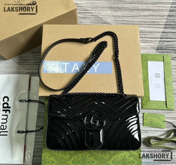 Gucci 1:1 Mirror Replica Small GG Marmont Patent Black Shoulder Bag 26CM/10.2IN Gucci Replica Marmont Bags Gucci 1:1 Mirror Replica Small GG Marmont Patent Black Shoulder Bag 26CM/10.2IN Gucci Replica Marmont Bags
