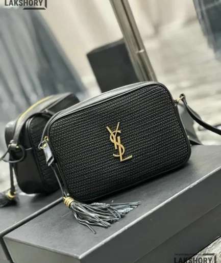 YSL 1:1 Mirror Replica Raffia Canvas Lou Camera Bag Black 23CM/9.1IN Replica Crossbody Bags