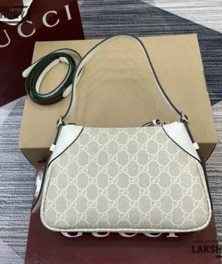 Gucci 1:1 Mirror Replica GG Emblem Small Shoulder Bag Beige White 24.5CM/9.6IN Gucci Replica Ophidia Bags