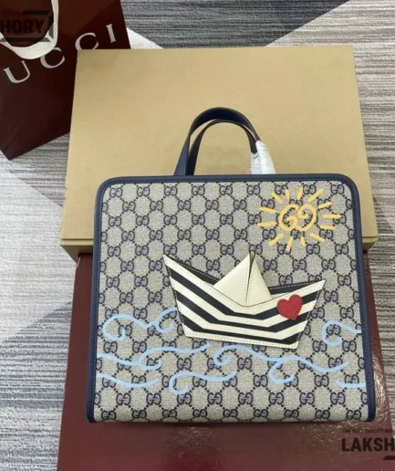 Gucci 1:1 Mirror Replica Children’s Printed GG Tote Bag Beige Blue 28.5CM/11.2IN Gucci Replica Ophidia Bags