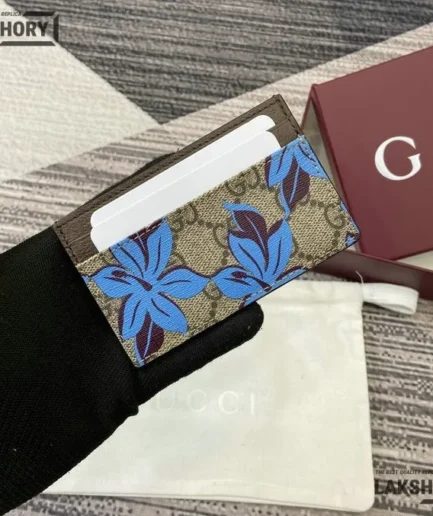 Gucci 1:1 Mirror Replica GG Printed Card Case Wallet Dark Brown Blue 7CM/2.8IN Gucci Replica Wallets