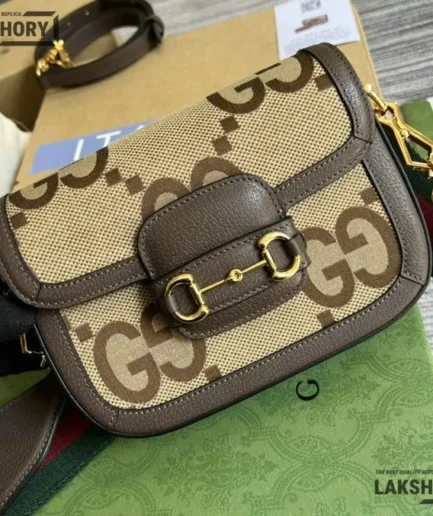 Gucci 1:1 Mirror Replica Jumbo GG Mini Horsebit 1955 Brown Beige 20.5CM/8.1IN Gucci Replica Horsebit Bags