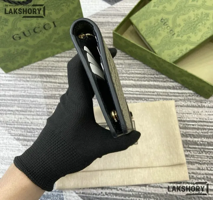 Gucci 1:1 Mirror Replica GG Emblem Continental Wallet Beige Black 11CM/4.3IN Gucci Replica Wallets Gucci 1:1 Mirror Replica GG Emblem Continental Wallet Beige Black 11CM/4.3IN Gucci Replica Wallets