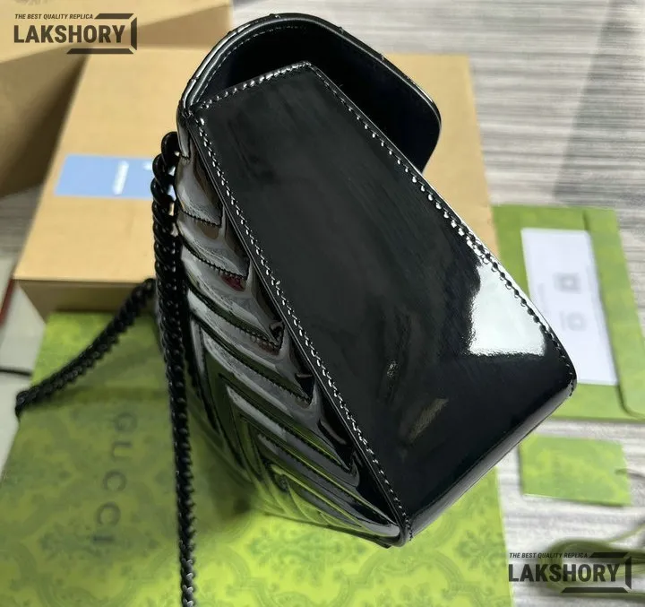 Gucci 1:1 Mirror Replica Small GG Marmont Patent Black Shoulder Bag 26CM/10.2IN Gucci Replica Marmont Bags Gucci 1:1 Mirror Replica Small GG Marmont Patent Black Shoulder Bag 26CM/10.2IN Gucci Replica Marmont Bags