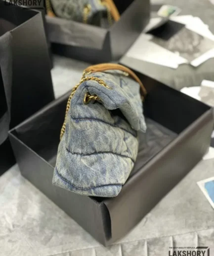 YSL 1:1 Mirror Replica Toy Loulou Puffer Denim Chain Satchel 29CM/11.4IN Replica Crossbody Bags