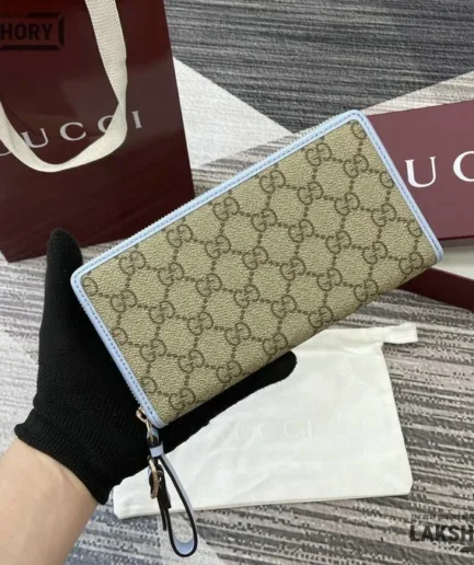Gucci 1:1 Mirror Replica GG Emblem Zip Around Wallet Beige Blue 19CM/7.5IN Gucci Replica Wallets