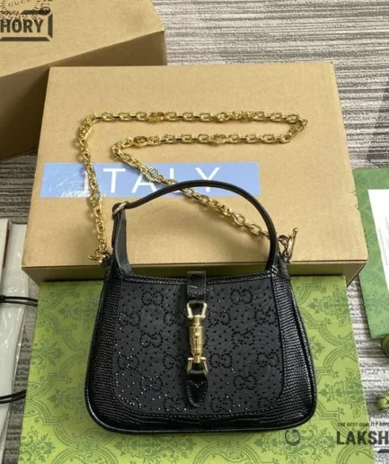 Gucci 1:1 Mirror Replica Crystal GG Jackie 1961 Satin Mini Black 19CM/7.5IN Gucci Replica Jackie Bags