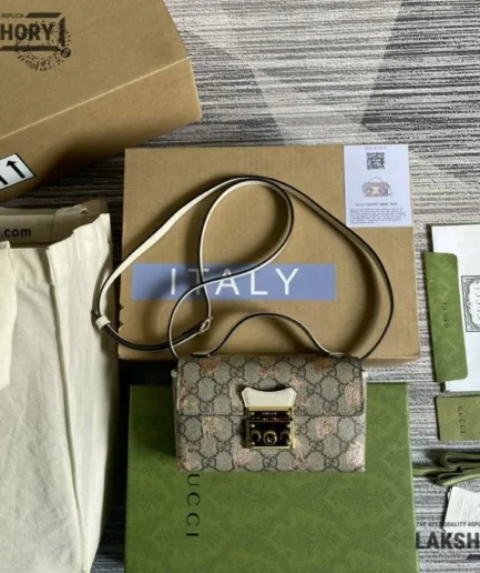 Gucci 1:1 Mirror Replica GG Supreme Monogram Berry Mini Padlock 18CM/7.1IN Gucci Replica Padlock Bags