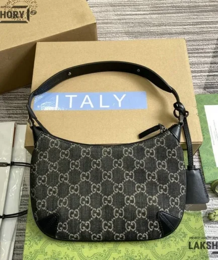 Gucci 1:1 Mirror Replica Denim GG Horsebit Slim Small Bag Black 24CM/9.4IN Gucci Replica Horsebit Bags