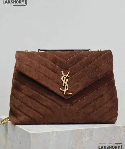 YSL 1:1 Mirror Replica Suede Rope Loulou Chain Satchel Brown 32CM/12.6IN Replica Crossbody Bags