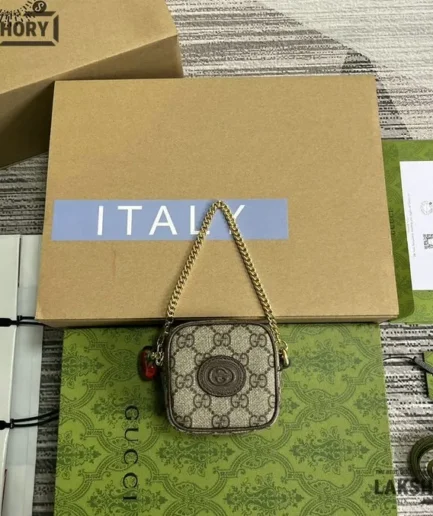 Gucci 1:1 Mirror Replica Strawberry Coin Wallet w/ Chain Ebony 3.5CM/1.4IN Gucci Replica Wallets