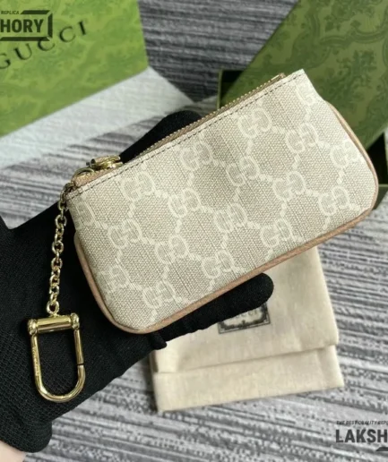 Gucci 1:1 Mirror Replica GG Monogram Key Case Beige White 7CM/2.8IN Gucci Replica Wallets