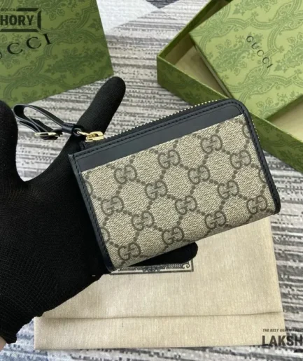 Gucci 1:1 Mirror Replica GG Emblem Zip Card Case Beige Black 13CM/5.1IN Gucci Replica Wallets