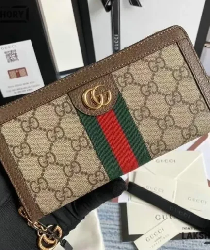 Gucci 1:1 Mirror Replica GG Ophidia Zip Around Wallet Beige Brown 19.5CM/7.7IN Gucci Replica Wallets