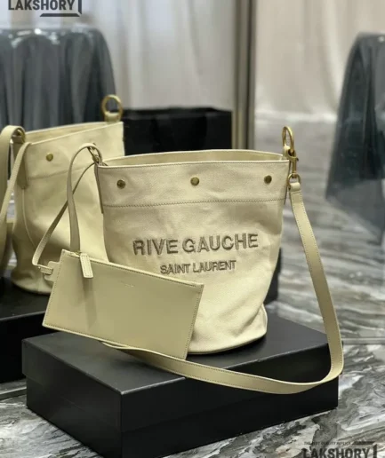 YSL 1:1 Mirror Replica Calfskin Linen Rive Gauche Bucket Bag Beige 20CM/7.9IN Replica Tote Bags