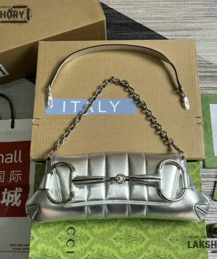 Gucci 1:1 Mirror Replica Horsebit Chain Medium Silver Metallic 38CM/15IN Gucci Replica Horsebit Bags