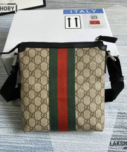 Gucci 1:1 Mirror Replica GG Supreme Web Flat Messenger Bag Beige 22CM/8.7IN Gucci Replica Ophidia Bags