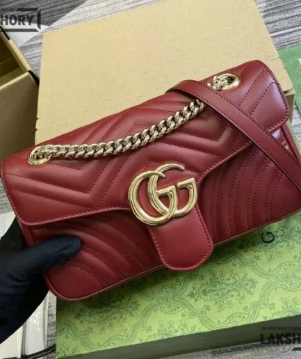 Gucci 1:1 Mirror Replica GG Marmont Medium Leather Bag Red 26CM/10.2IN Gucci Replica Marmont Bags