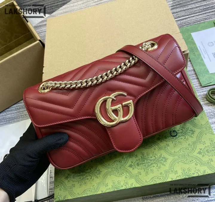 Gucci 1:1 Mirror Replica GG Marmont Medium Leather Bag Red 26CM/10.2IN Gucci Replica Marmont Bags Gucci 1:1 Mirror Replica GG Marmont Medium Leather Bag Red 26CM/10.2IN Gucci Replica Marmont Bags