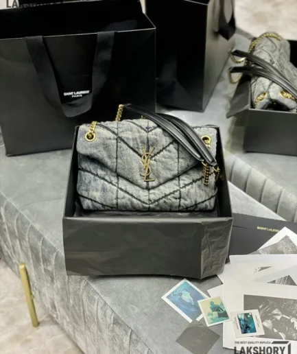 YSL 1:1 Mirror Replica Denim Medium Loulou Puffer Bag Blue 29CM/11.4IN Replica Crossbody Bags