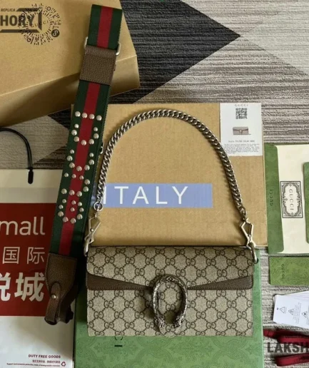 Gucci 1:1 Mirror Replica Medium Dionysus Flap Supreme Canvas Shoulder Bag 25CM/9.8IN Gucci Replica Dionysus Bags