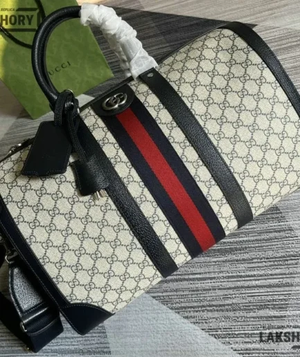 Gucci 1:1 Mirror Replica Savoy Medium Duffle Bag Beige & Blue 44CM/17.3IN Gucci Replica Ophidia Bags