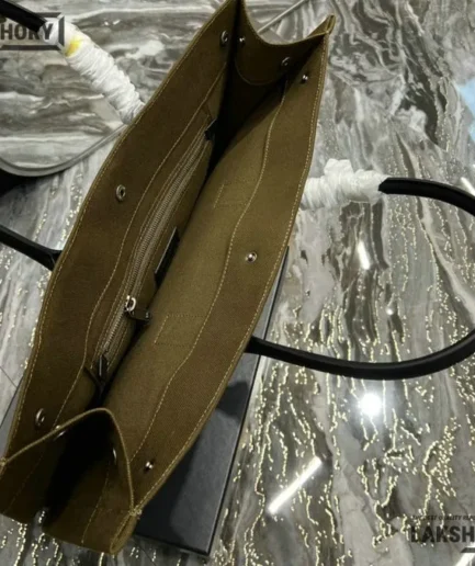 YSL 1:1 Mirror Replica Calfskin Linen Rive Gauche Tote Khaki Replica Tote Bags