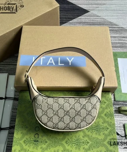 Gucci 1:1 Mirror Replica Horsebit Print Mini Ophidia Half Moon Beige 20CM/7.9IN Gucci Replica Horsebit Bags