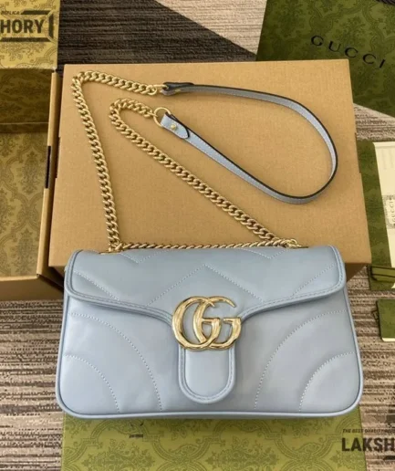 Gucci 1:1 Mirror Replica GG Marmont Medium Bag Light blue 26CM/10.2IN Gucci Replica Marmont Bags