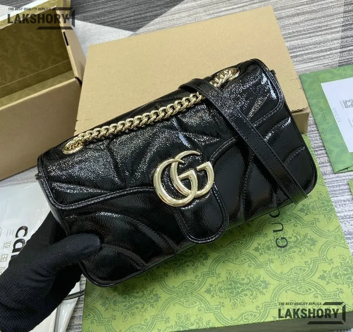 Gucci 1:1 Mirror Replica Patent Matelasse GG Marmont Black 26CM/10.2IN Gucci Replica Marmont Bags Gucci 1:1 Mirror Replica Patent Matelasse GG Marmont Black 26CM/10.2IN Gucci Replica Marmont Bags