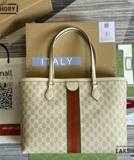 Gucci 1:1 Mirror Replica Off-White Beige Large Tote GG Supreme 38CM/15IN Gucci Replica Ophidia Bags