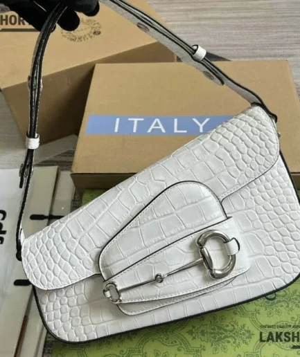 Gucci 1:1 Mirror Replica White Horsebit 1955 Small Crocodile Bag 26.5CM/10.4IN Gucci Replica Horsebit Bags