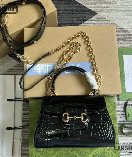 Gucci 1:1 Mirror Replica Horsebit 1955 Crocodile Top Handle Bag 22CM/8.7IN Gucci Replica Horsebit Bags
