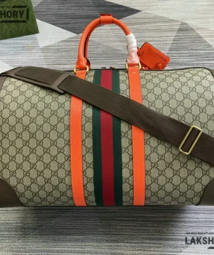Gucci 1:1 Mirror Replica Web Large Savoy Duffle Bag Beige Orange 52CM/20.5IN Gucci Replica Ophidia Bags