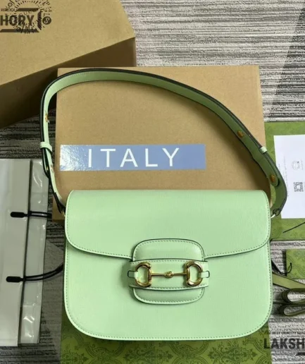 Gucci 1:1 Mirror Replica 1955 Horsebit Leather Shoulder Bag Light Green 25CM/9.8IN Gucci Replica Horsebit Bags