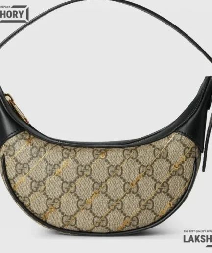 Gucci 1:1 Mirror Replica Mini Ophidia Half Moon Beige Black 20CM/7.9IN Gucci Replica Ophidia Bags