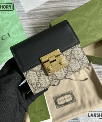 Gucci 1:1 Mirror Replica French Flap Padlock Wallet Beige Black 11CM/4.3IN Gucci Replica Wallets