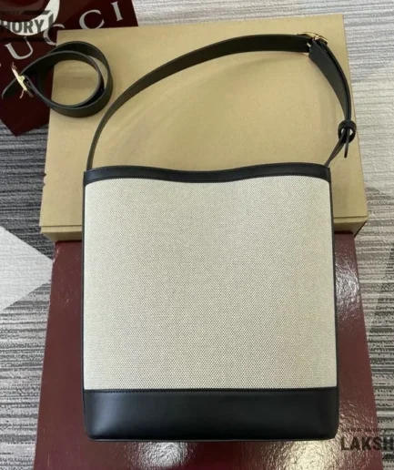 Gucci 1:1 Mirror Replica 73 Medium Bucket Bag Leather Black Grey 27.5CM/10.8IN Gucci Replica Horsebit Bags