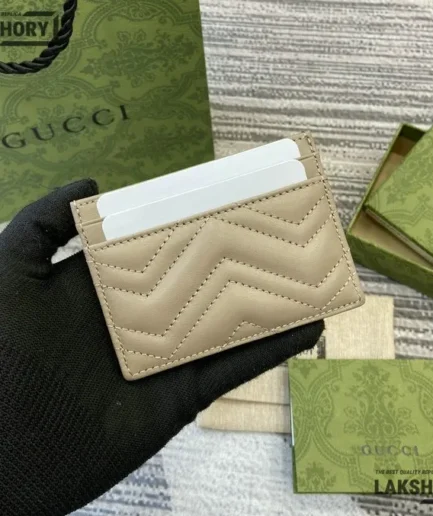 Gucci 1:1 Mirror Replica GG Marmont Card Holder Case Beige 7CM/2.8IN Gucci Replica Wallets