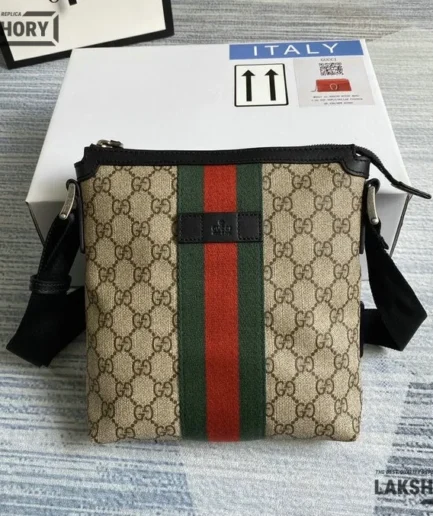 Gucci 1:1 Mirror Replica GG Supreme Web Flat Messenger Bag Beige 22CM/8.7IN Gucci Replica Ophidia Bags