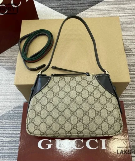 Gucci 1:1 Mirror Replica GG Emblem Small Bag Beige Dark Brown 24.5CM/9.6IN Gucci Replica Ophidia Bags