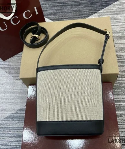 Gucci 1:1 Mirror Replica Leather 73 Small Black Grey Bucket Bag 20CM/7.9IN Gucci Replica Horsebit Bags