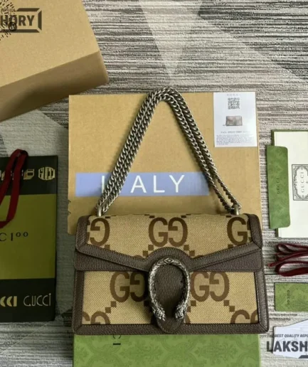 Gucci 1:1 Mirror Replica Monogram Jumbo GG Chain Dionysus Brown 28CM/11IN Gucci Replica Dionysus Bags