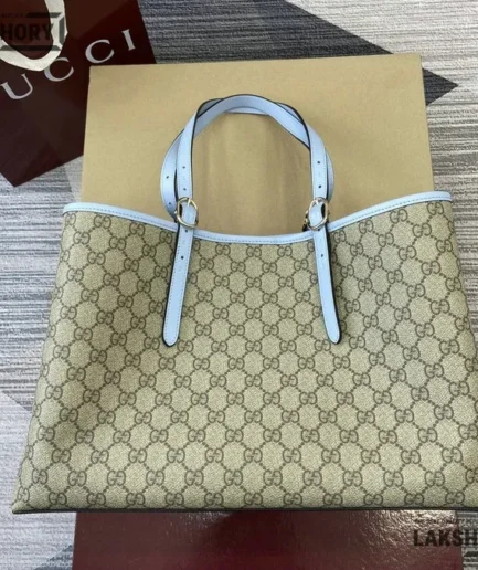 Gucci 1:1 Mirror Replica GG Emblem Large Tote Beige Sky Blue 38CM/15IN Gucci Replica Ophidia Bags