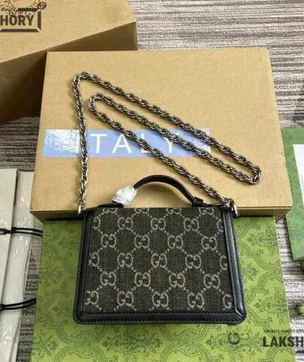Gucci 1:1 Mirror Replica Black Denim Ophidia GG Mini Top Handle 17.5CM/6.9IN Gucci Replica Ophidia Bags