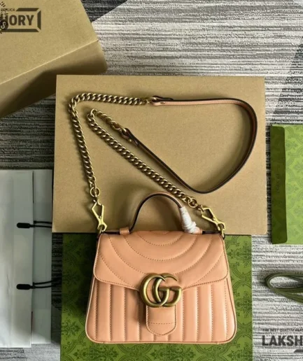 Gucci 1:1 Mirror Replica GG Small Top Handle Bag Chevron Pink 21CM/8.3IN Gucci Replica Marmont Bags